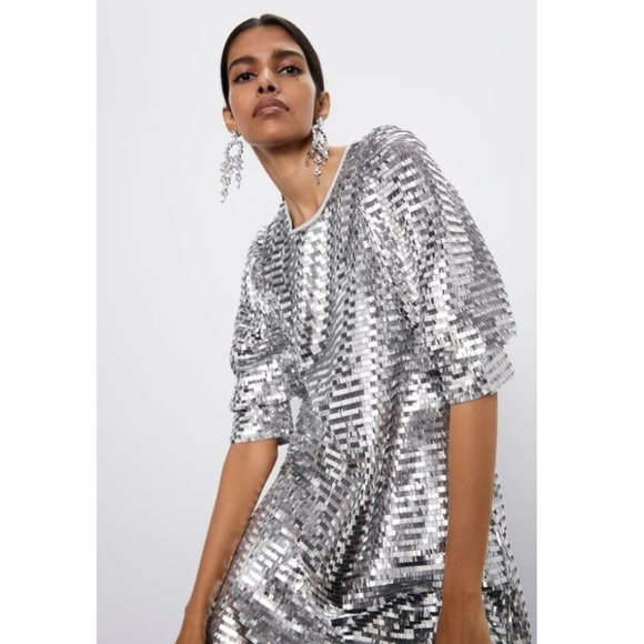 Zara Dresses Zara Sequin Metallic Silver Dress Buff Sleeves Poshmark